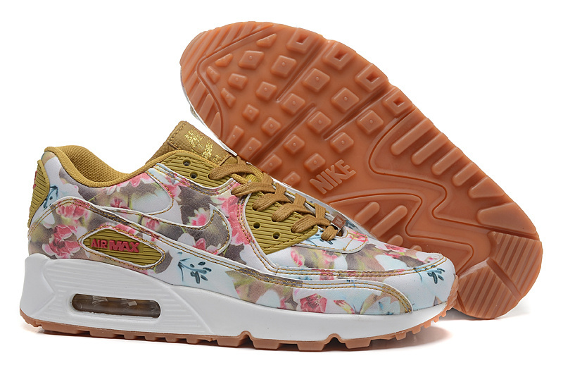 Women Nike Air Max 90 MLN Yellow White Rose Print Shoes - Click Image to Close