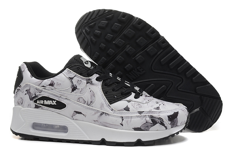 Women Nike Air Max 90 NYC Black White Rose Print Shoes - Click Image to Close