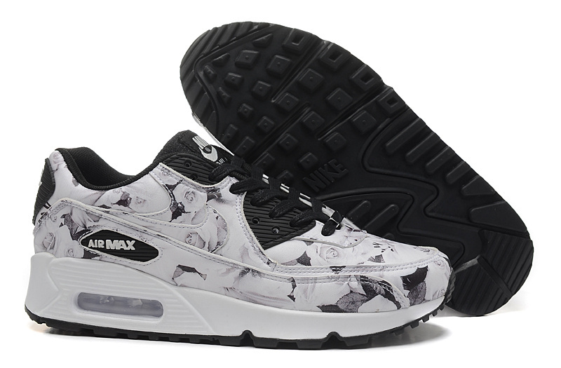 Women Nike Air Max 90 NYC Black White Rose Print Shoes