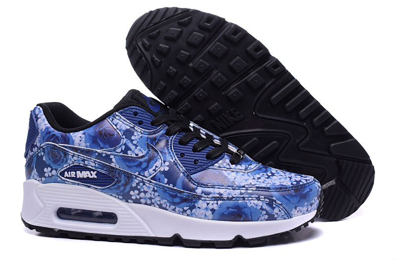 Women Nike Air Max 90 TKO Blue Black White Rose Print Shoes - Click Image to Close