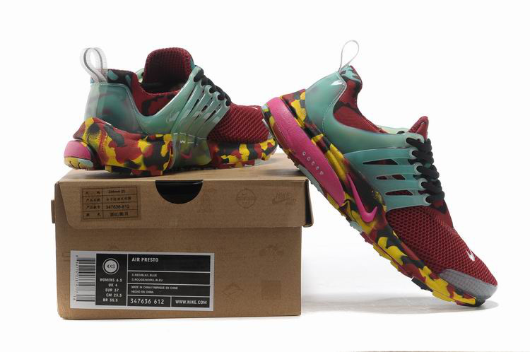 Women Nike Air Presto 1 Camo Wine Red Light Green Yellow Sport Shoes - Click Image to Close