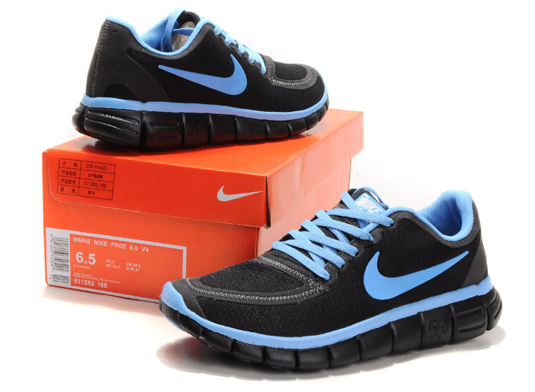 Women Nike Free 5.0 V4 Running Shoes Black Blue - Click Image to Close