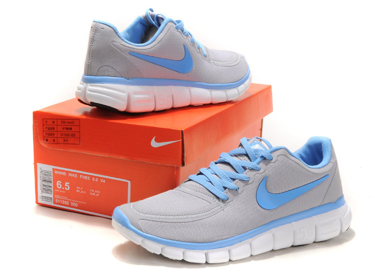 Women Nike Free 5.0 V4 Running Shoes Grey Blue White - Click Image to Close