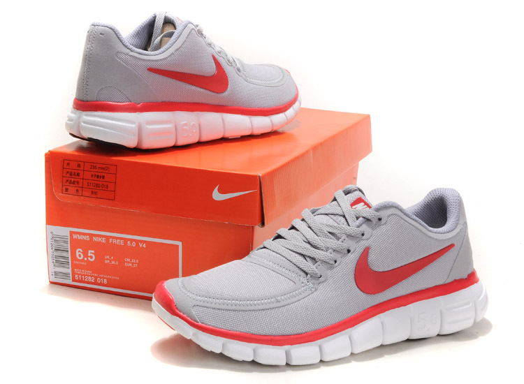 Women Nike Free 5.0 V4 Running Shoes Grey Red White - Click Image to Close