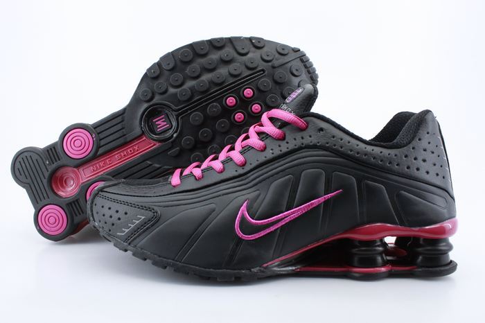Women Shox R4 Shoes Black Wine Red Logo - Click Image to Close