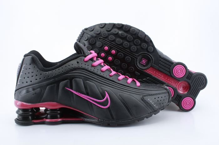 Women Shox R4 Shoes Black Wine Red Logo - Click Image to Close