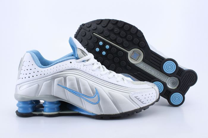 Women Shox R4 Shoes White Blue Logo - Click Image to Close