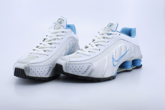 Women Shox R4 Shoes White Blue Logo