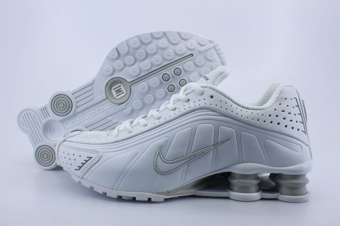 Women Shox R4 Shoes White Grey Logo - Click Image to Close